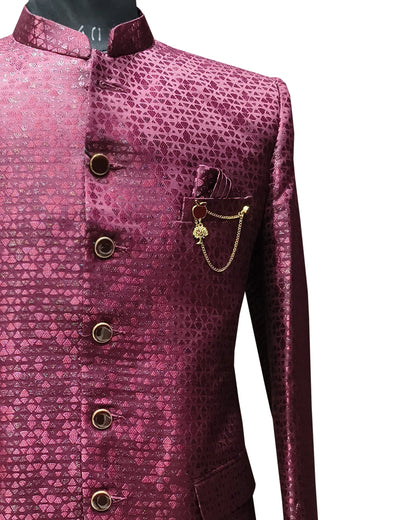 Men’s Maroon Designer Jacquard Indo Western Jodhpuri Suit with Pent