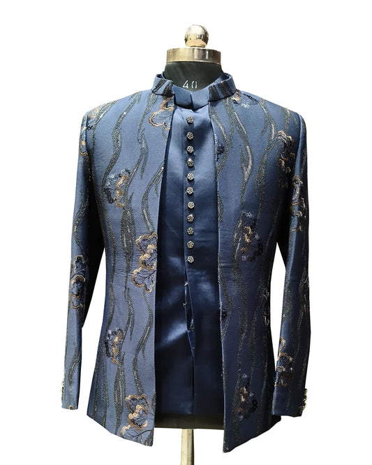 Men’s Navy Blue Embroidered Indo Western Open Suit – Designer Ethnic Blazer Set