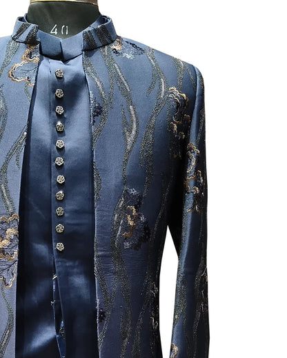 Men’s Navy Blue Embroidered Indo Western Open Suit – Designer Ethnic Blazer Set