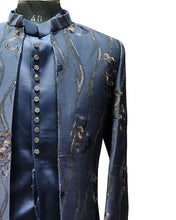 Men’s Navy Blue Embroidered Indo Western Open Suit – Designer Ethnic Blazer Set