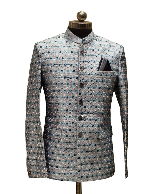 Men’s Light Grey Designer Jacquard Jodhpuri Blazer – Festive & Wedding Wear Ethnic Suit