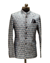Men’s Light Grey Designer Jacquard Jodhpuri Blazer – Festive & Wedding Wear Ethnic Suit