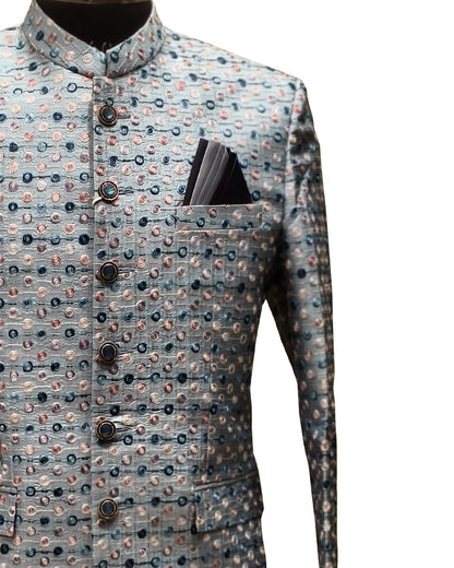 Men’s Light Grey Designer Jacquard Jodhpuri Blazer – Festive & Wedding Wear Ethnic Suit