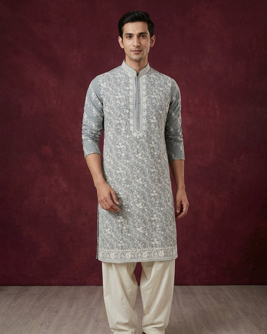 Light Gray Lakhnavi Embroidered Kurta set with Cream Pyjama – Regal Ethnic Ensemble