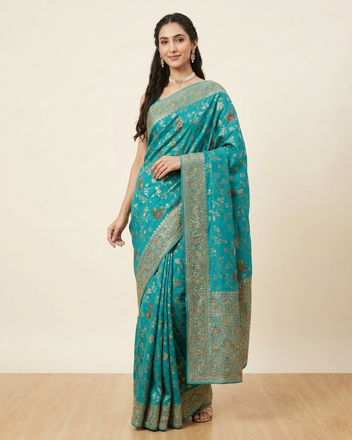 Turquoise Blue Silk Saree with Golden Floral Embroidery – Elegant Wear