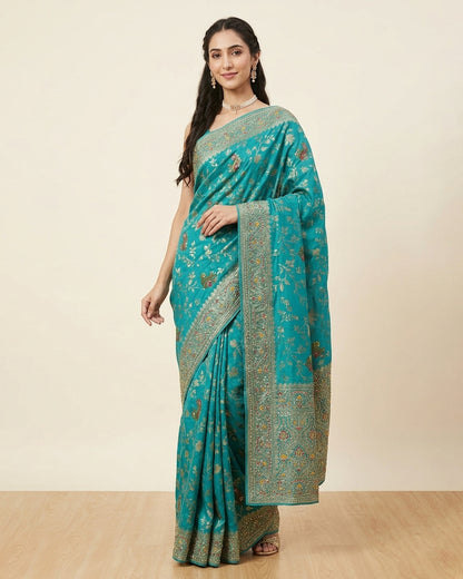 Turquoise Blue Silk Saree with Golden Floral Embroidery – Elegant Wear