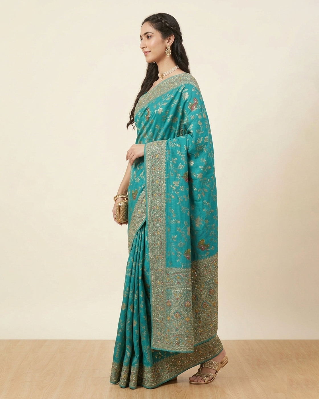 Turquoise Blue Silk Saree with Golden Floral Embroidery – Elegant Wear