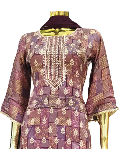 Women’s Maroon Printed Cotton Dhoti Style Salwar Suit with Dupatta