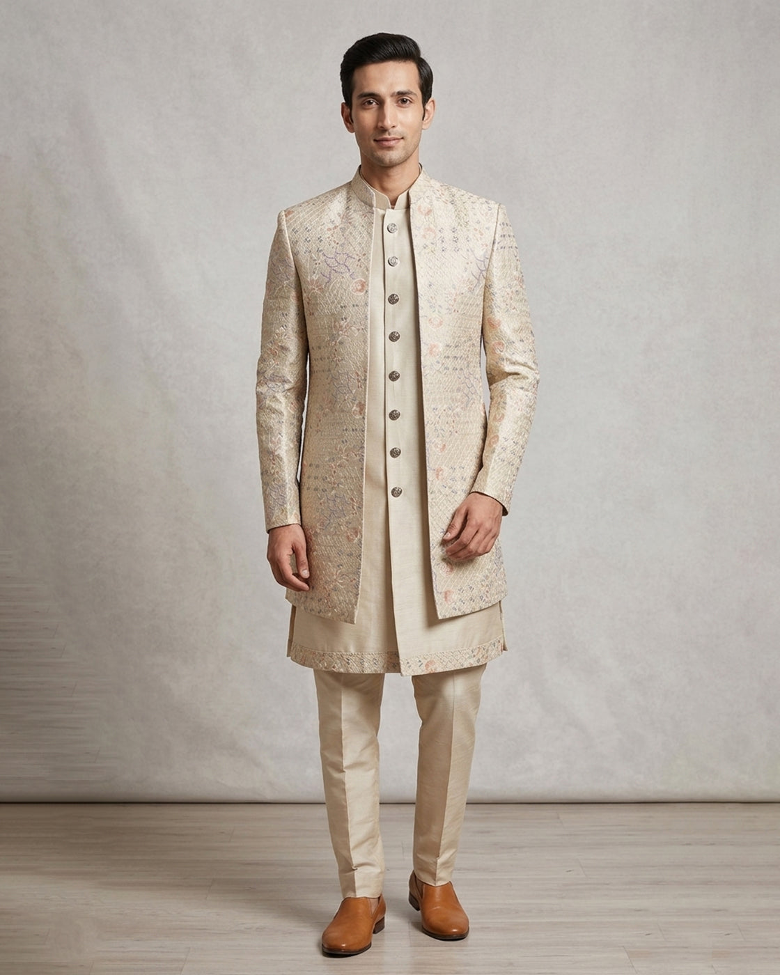 Rose Gold Embroidered Cream Open Jacket Indo-Western – Elegant Wedding Ensemble