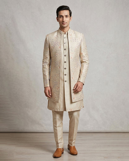 Rose Gold Embroidered Cream Open Jacket Indo-Western – Elegant Wedding Ensemble