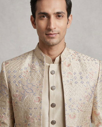 Rose Gold Embroidered Cream Open Jacket Indo-Western – Elegant Wedding Ensemble