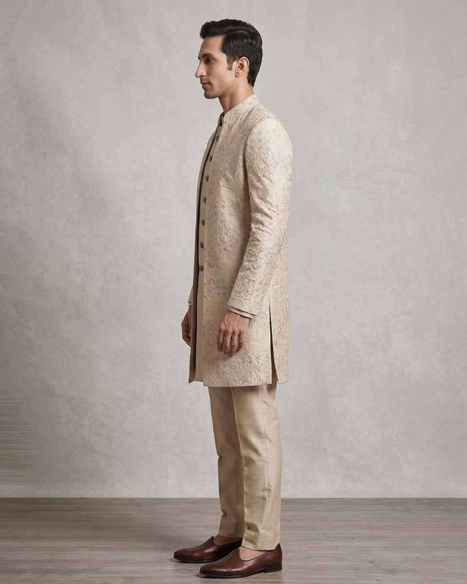 Rose Gold Embroidered Cream Open Jacket Indo-Western – Elegant Wedding Ensemble