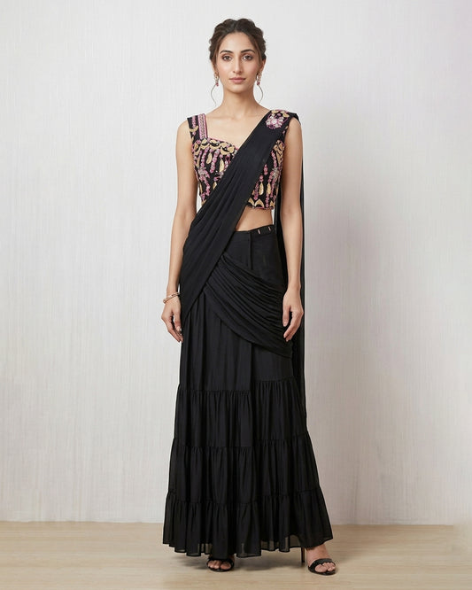 Black Embroidered Lehenga with Draped Saree Silhouette – Contemporary Ethnic Couture