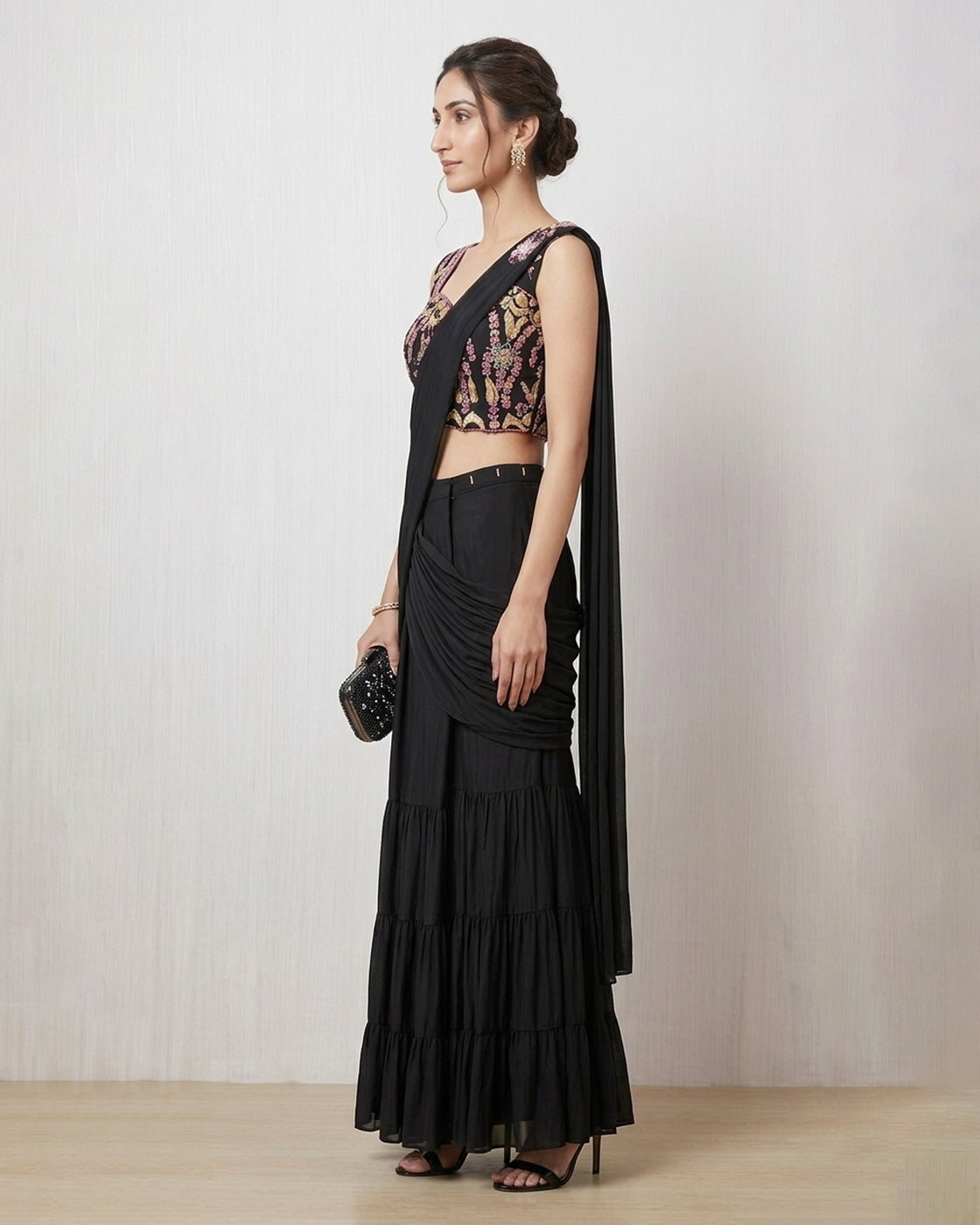 Black Embroidered Lehenga with Draped Saree Silhouette – Contemporary Ethnic Couture