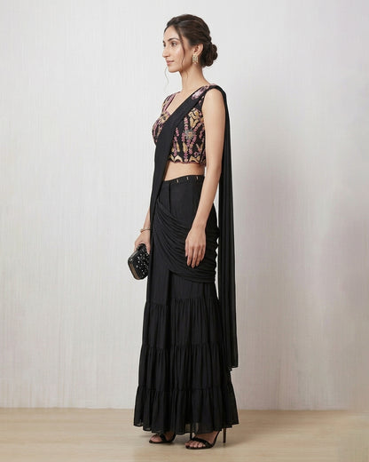 Black Embroidered Lehenga with Draped Saree Silhouette – Contemporary Ethnic Couture