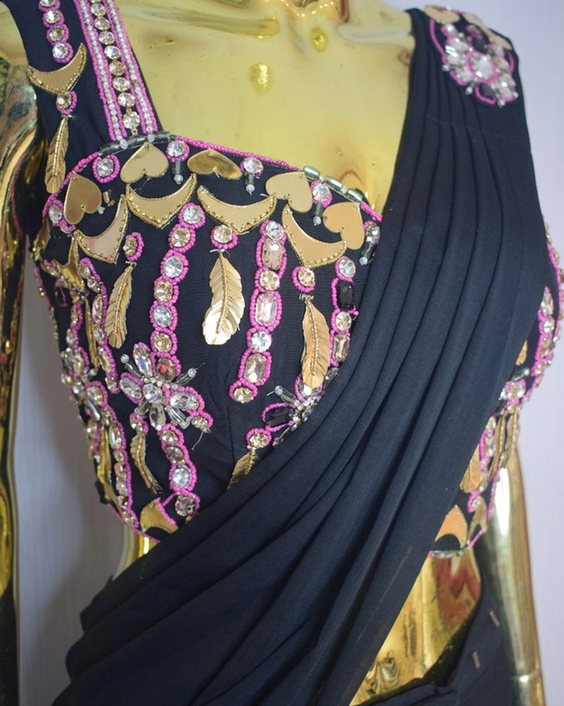 Black Embroidered Lehenga with Draped Saree Silhouette – Contemporary Ethnic Couture