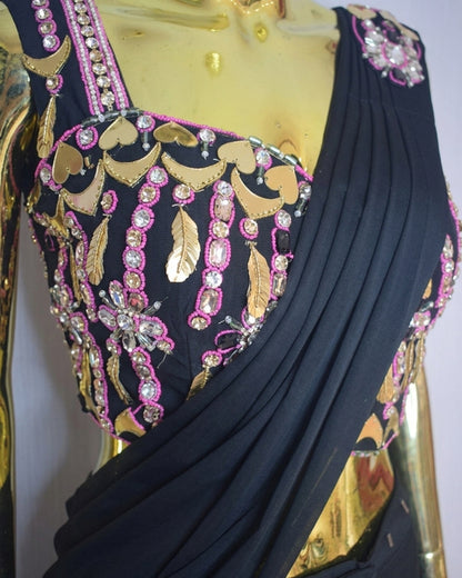 Black Embroidered Lehenga with Draped Saree Silhouette – Contemporary Ethnic Couture
