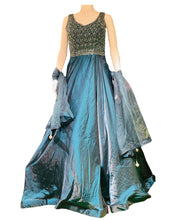 Women’s Teal Blue Silk Embroidered Gown with Net Dupatta – Wedding & Party Wear