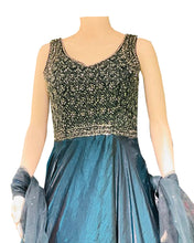 Women’s Teal Blue Silk Embroidered Gown with Net Dupatta – Wedding & Party Wear