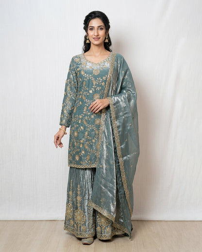 Mint Blue Palazzo Suit Set with Golden Embroidery – Elegant Festive & Wedding Ensemble