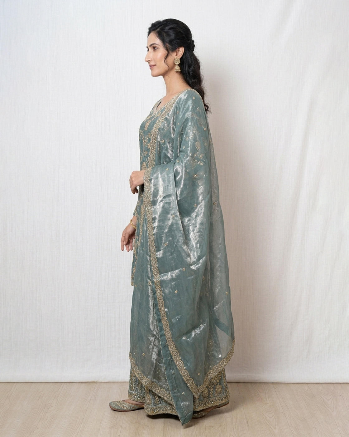Mint Blue Palazzo Suit Set with Golden Embroidery – Elegant Festive & Wedding Ensemble
