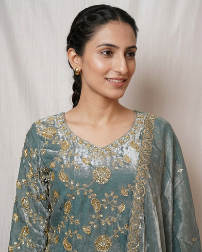 Mint Blue Palazzo Suit Set with Golden Embroidery – Elegant Festive & Wedding Ensemble