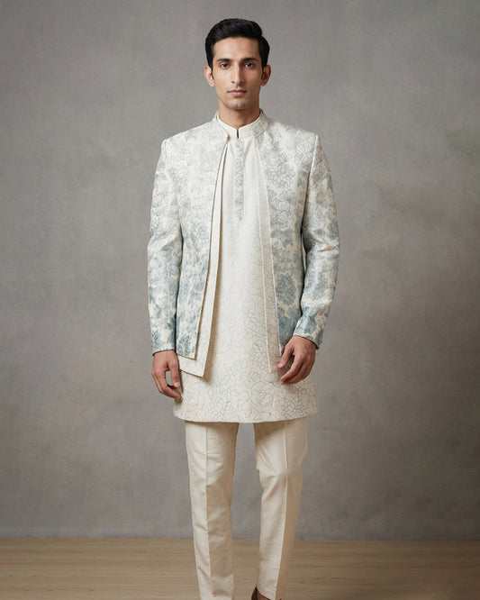 Cream Kurta with Floral Embroidered Open Jacket Indo-Western – Sophisticated Wedding Ensemble