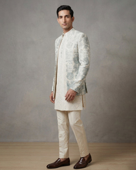 Cream Kurta with Floral Embroidered Open Jacket Indo-Western – Sophisticated Wedding Ensemble
