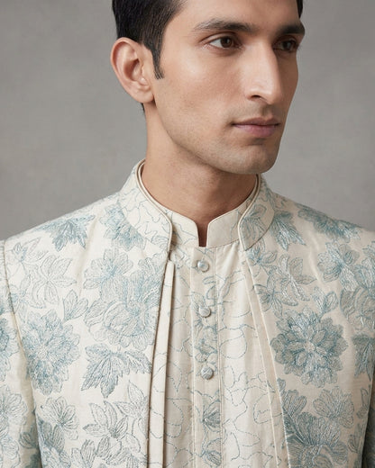 Cream Kurta with Floral Embroidered Open Jacket Indo-Western – Sophisticated Wedding Ensemble