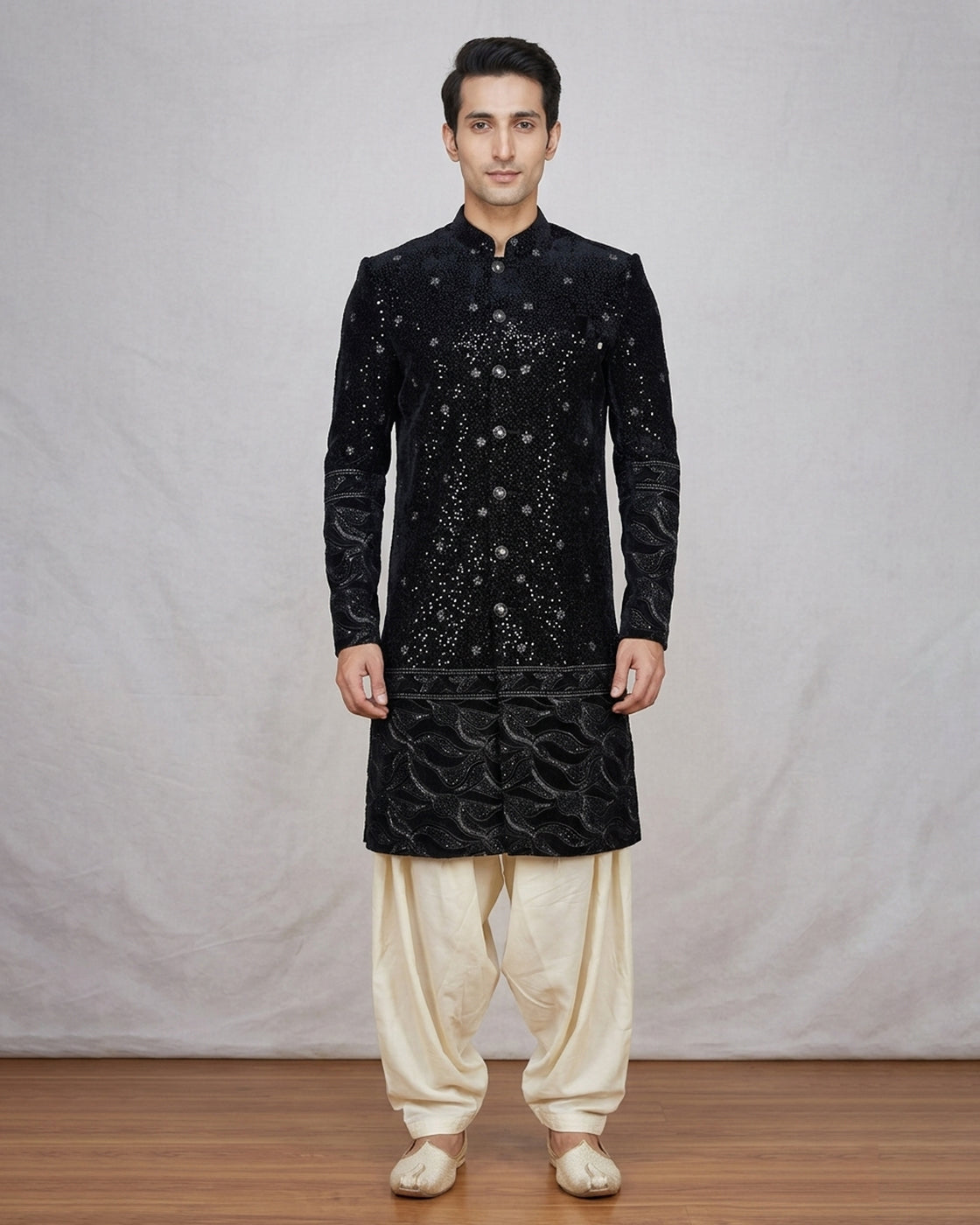 Black Embroidered Navabi Velvet Indo-Western with Cream Pant – Majestic Wedding Ensemble