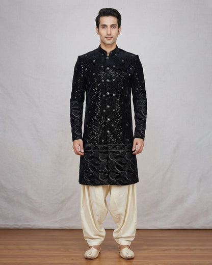Black Embroidered Navabi Velvet Indo-Western with Cream Pant – Majestic Wedding Ensemble