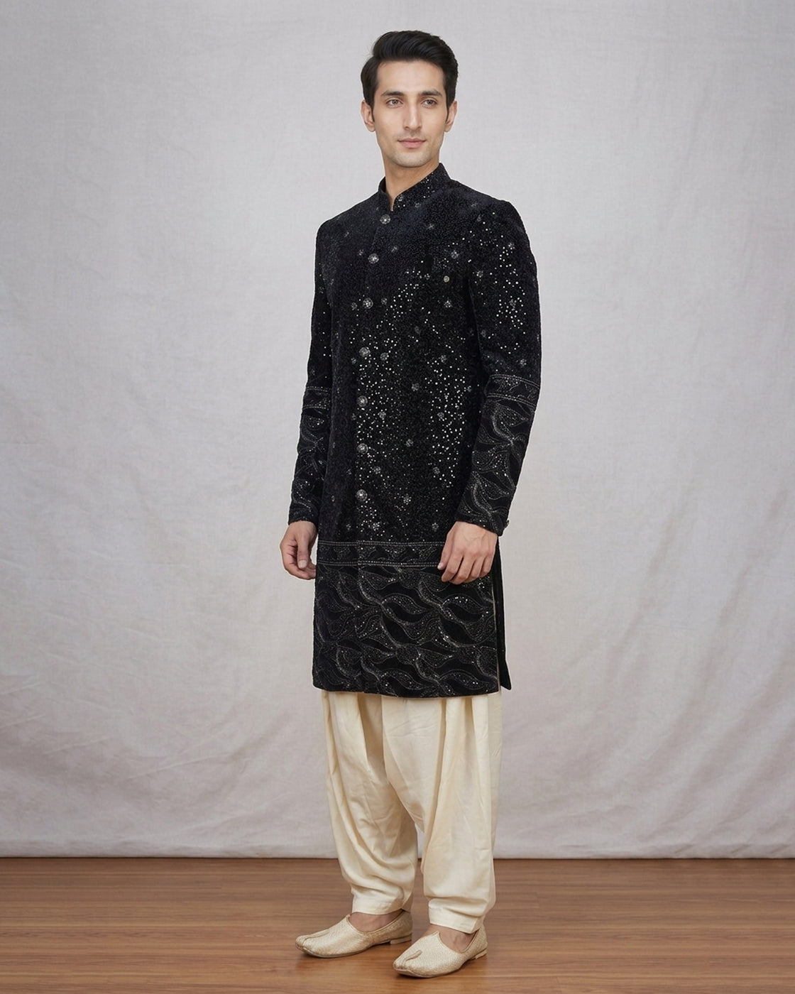 Black Embroidered Navabi Velvet Indo-Western with Cream Pant – Majestic Wedding Ensemble