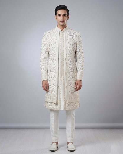 Cream Sherwani with Gold & Pastel Embroidery – Royal Wedding & Festive Attire