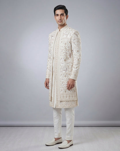 Cream Sherwani with Gold & Pastel Embroidery – Royal Wedding & Festive Attire