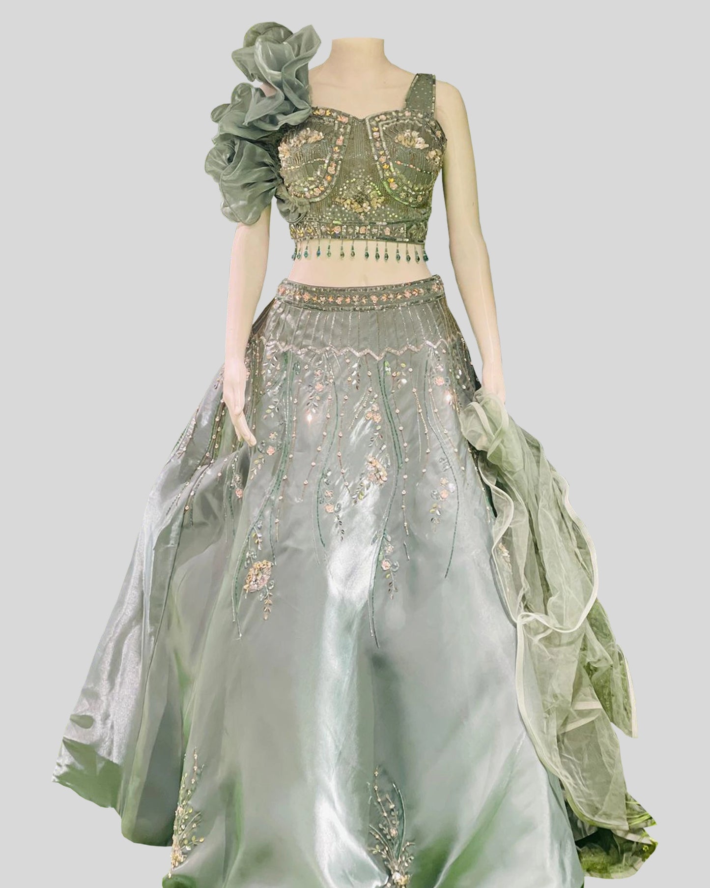 Mint Bloom One-Shoulder Designer Lehenga Choli – Couture Wedding Edition