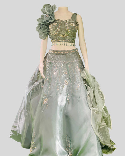 Mint Bloom One-Shoulder Designer Lehenga Choli – Couture Wedding Edition