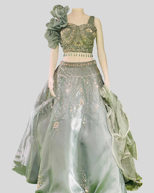 Mint Bloom One-Shoulder Designer Lehenga Choli – Couture Wedding Edition