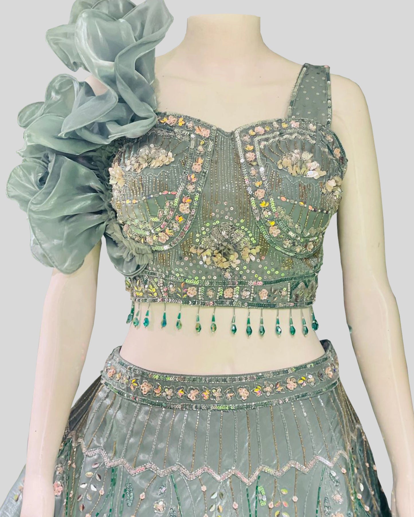 Mint Bloom One-Shoulder Designer Lehenga Choli – Couture Wedding Edition