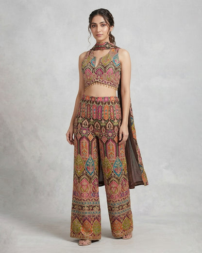 Multicolored Embroidered Choli & Palazzo Suit Set – Vibrant Festive Couture