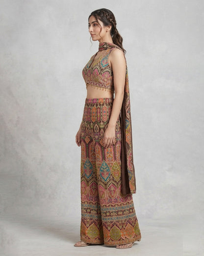 Multicolored Embroidered Choli & Palazzo Suit Set – Vibrant Festive Couture