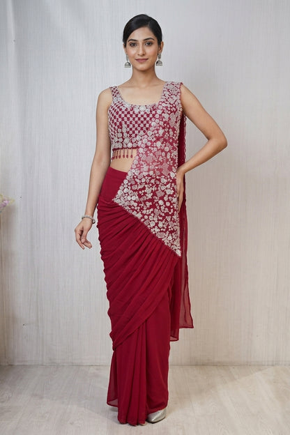 Deep Red Saree with White Floral Embroidery – Elegant Wedding & Festive Wear