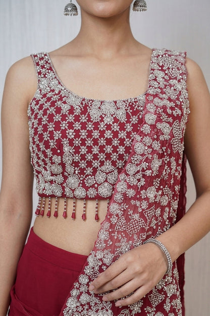 Deep Red Saree with White Floral Embroidery – Elegant Wedding & Festive Wear