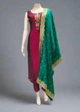 Designer Sleeveless Silk Streight Dress with Gold Embroidery & Green Dupatta