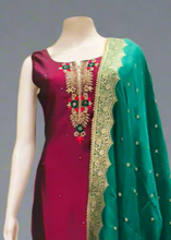 Designer Sleeveless Silk Streight Dress with Gold Embroidery & Green Dupatta
