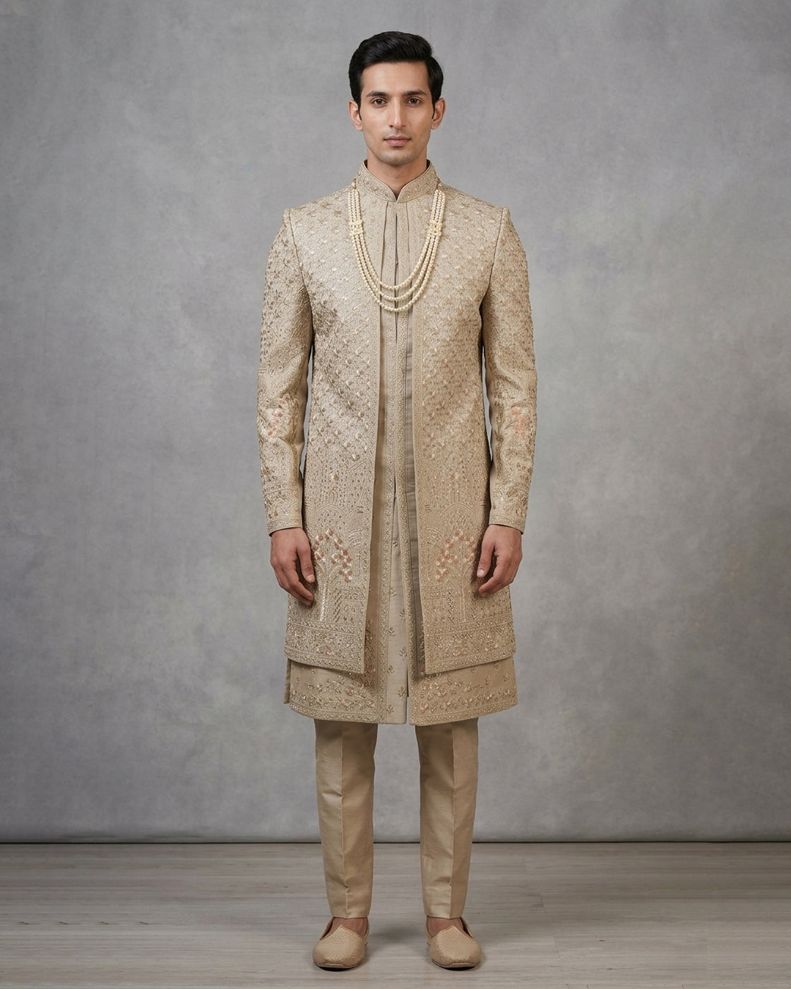 Beige Open Jacket Sherwani with Intricate Embroidery – Royal Wedding Ensemble