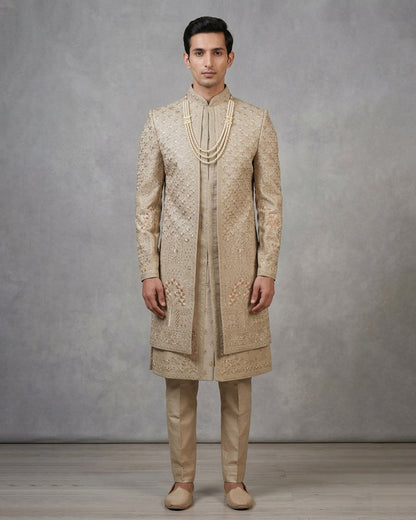 Beige Open Jacket Sherwani with Intricate Embroidery – Royal Wedding Ensemble