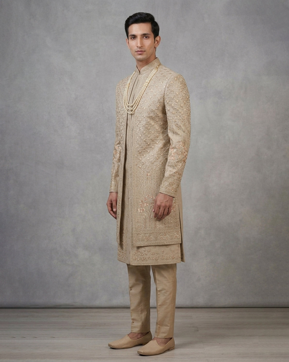 Beige Open Jacket Sherwani with Intricate Embroidery – Royal Wedding Ensemble