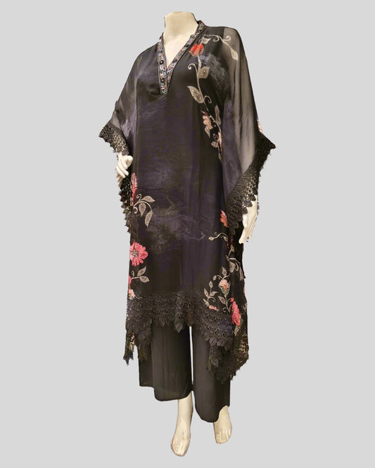 Noir Bloom Kaftan Palazzo Suit Ensemble – Sheer Elegance with Rosette Embroidery