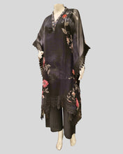 Noir Bloom Kaftan Palazzo Suit Ensemble – Sheer Elegance with Rosette Embroidery