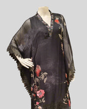 Noir Bloom Kaftan Palazzo Suit Ensemble – Sheer Elegance with Rosette Embroidery